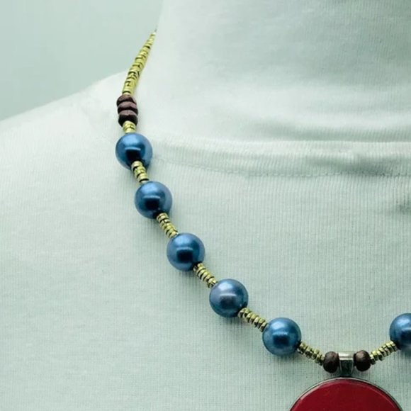 Metal And Wooden Beaded Chain Pendant Necklace, Handmade Light Weight Pendant - Picture 10 of 13